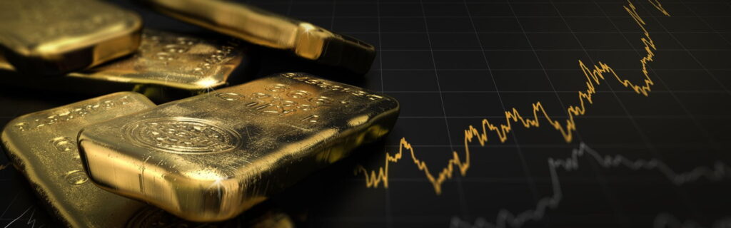 Mehrere Feingoldbarren vor einem steigenden Kursdiagramm auf dunklem Hintergrund. Die Darstellung symbolisiert die Entwicklung des Goldpreises in Heidelberg und den Kauf von Anlagegold als wertbeständige Investition.