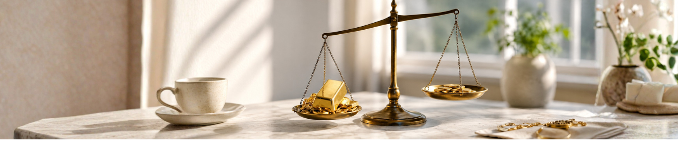 Goldwaage mit Edelmetallen aus Gold