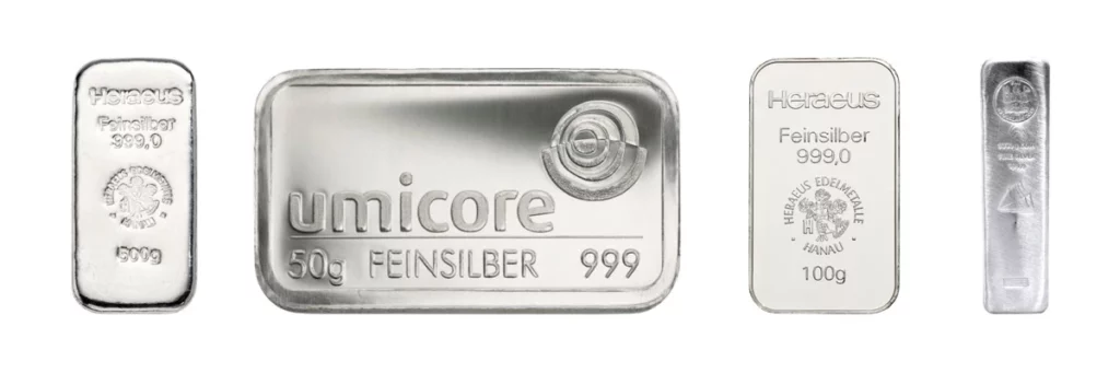 Verschiedene Feinsilberbarren renommierter Hersteller in unterschiedlichen Größen und Stückelungen. Die Aufnahme symbolisiert den Kauf von Silber in Kassel und zeigt hochwertige Silberbarren als Anlageprodukt für die Investition in physische Edelmetalle.