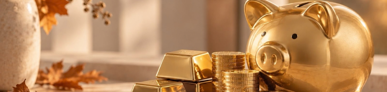Goldenes Sparschwein mit Edelmetallen wie Münzen und Barren in herbstlicher Atmosphäre