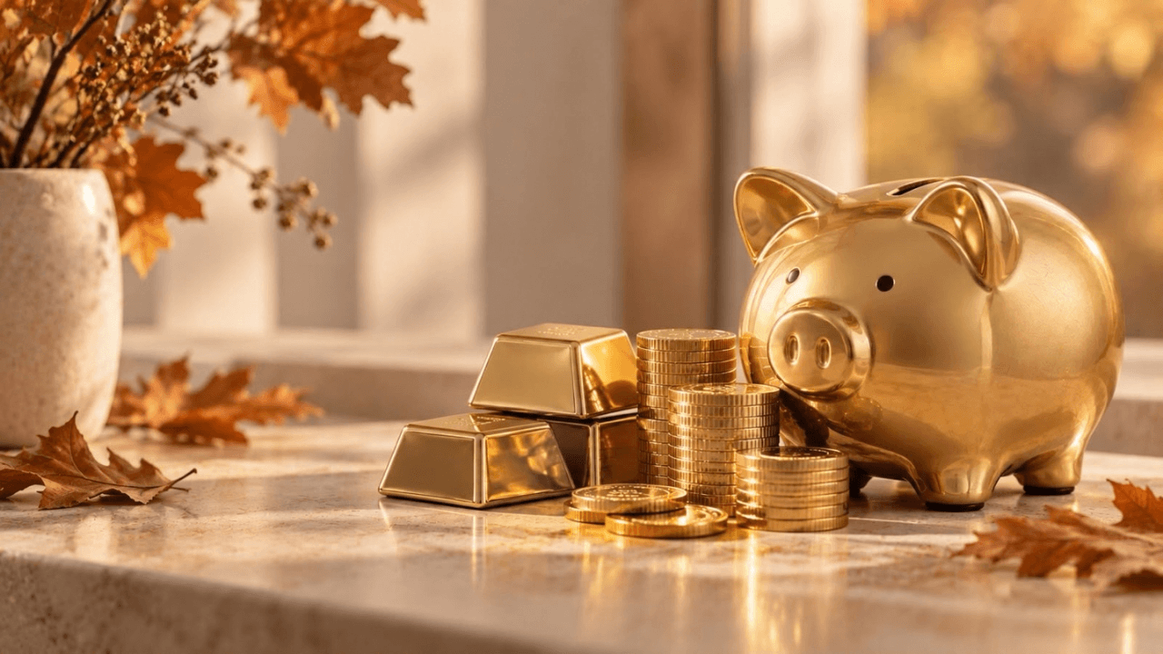 Goldenes Sparschwein mit Edelmetallen wie Münzen und Barren in herbstlicher Atmosphäre