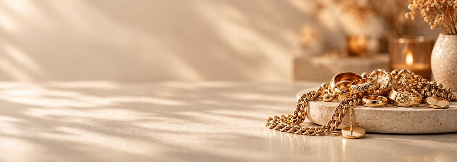 Altgold und Goldschmuck auf einer Schale in herbstlicher Atmosphäre