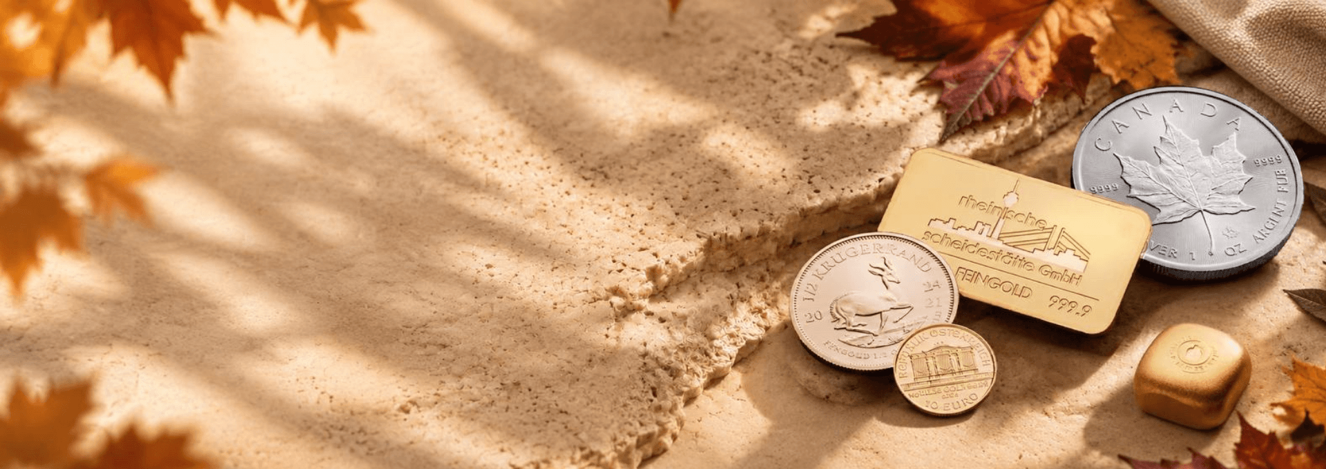 Münzen und Barren aus Gold und Silber auf Steinboden in herbstlicher Atmosphäre